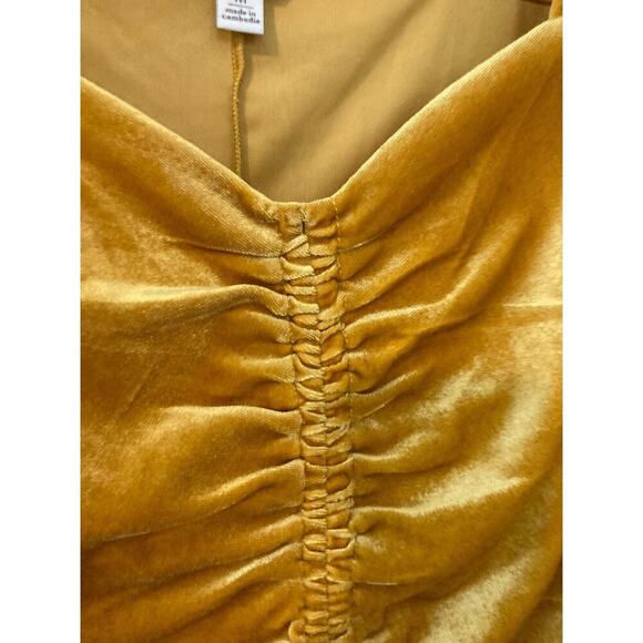 Cato Top Womens Medium Mustard Gold Velvet Cropped Ruched Boho Hippie Stretch - Picture 6 of 13